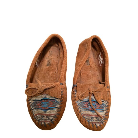 Minnetonka Brown Suede Moccasins Southwestern Patterned Toe Design  Size 7 - Picture 1 of 9